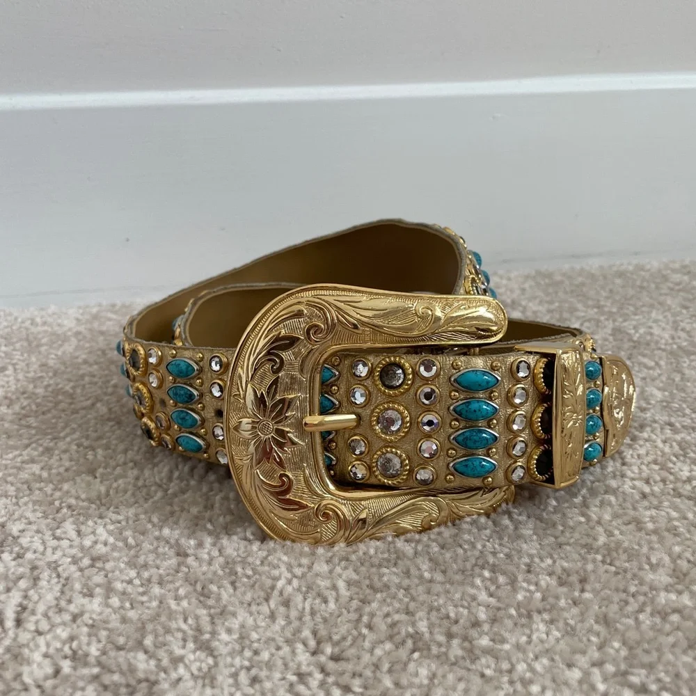 Kippys Gold Leather Western Belt Swarovski Crystal Cowgirl Statement Belt 34
